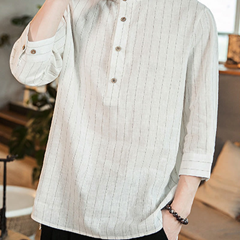 Buddha Stones Half Button Striped Three Quarter Sleeves Linen Men's Shirt - image 19