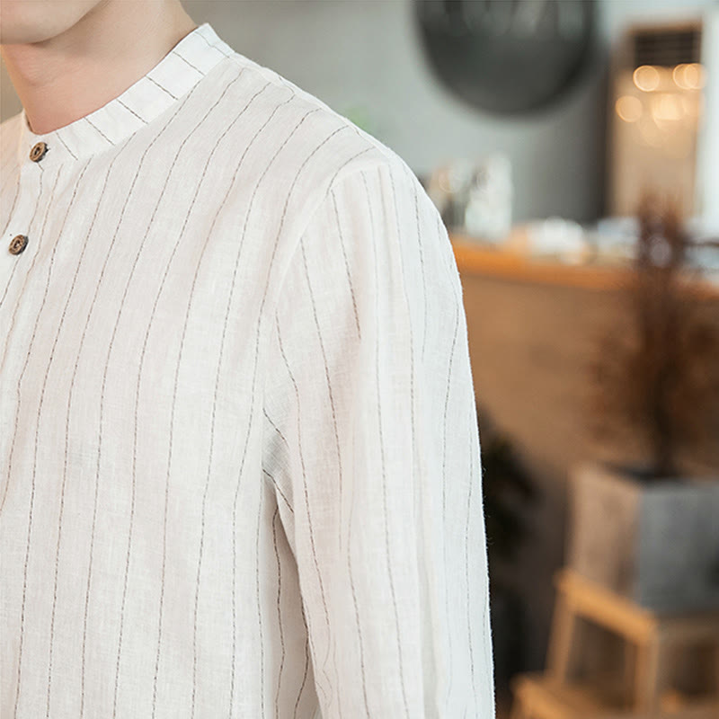 Buddha Stones Half Button Striped Three Quarter Sleeves Linen Men's Shirt - image 23