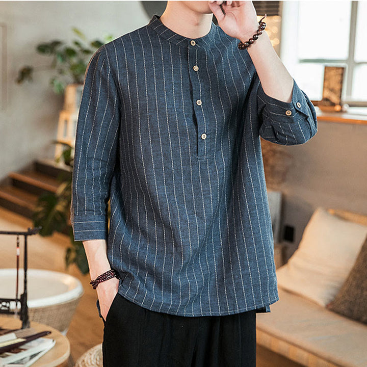 Buddha Stones Half Button Striped Three Quarter Sleeves Linen Men's Shirt - image 1