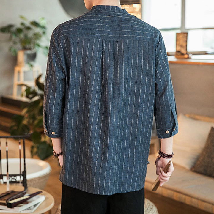 Buddha Stones Half Button Striped Three Quarter Sleeves Linen Men's Shirt - image 4