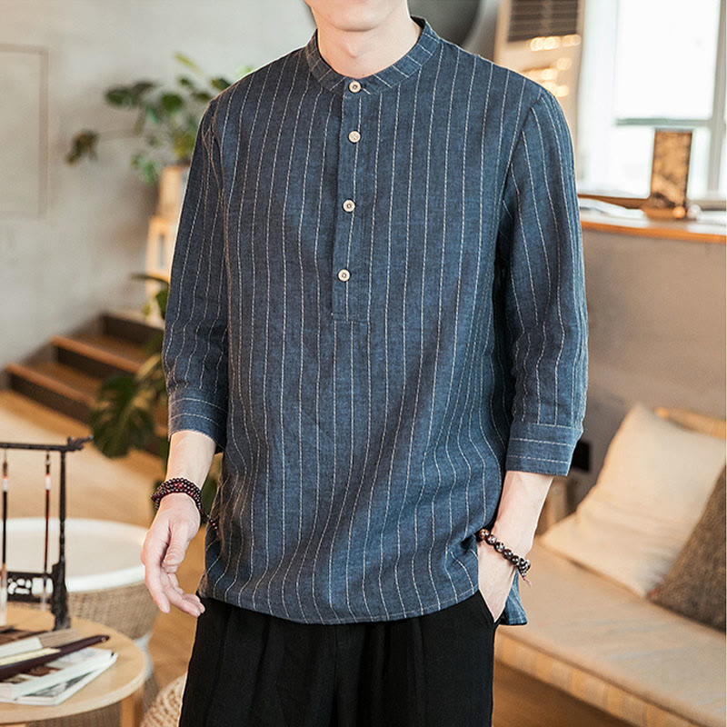 Buddha Stones Half Button Striped Three Quarter Sleeves Linen Men's Shirt - image 7