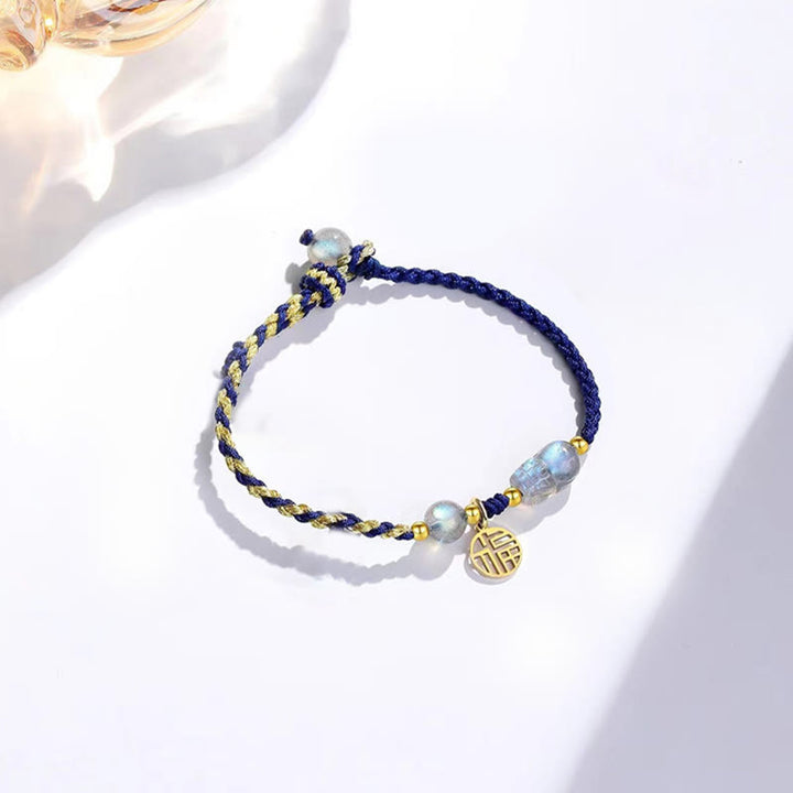 Buddha Stones Moonstone PiXiu Blue Tiger Eye Fu Character Healing Couple String Bracelet - Blue Gold Fu Character(Wrist Circumference: 14-16cm) - image 3