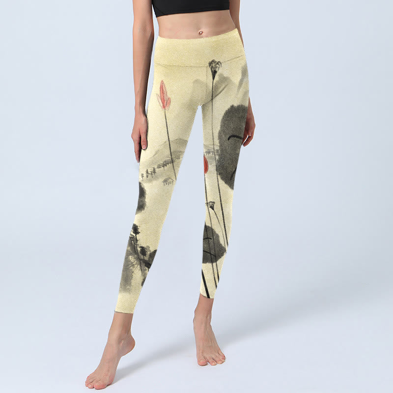 Buddha Stones Lotus Mountains House Print Gym Leggings Women's Yoga Pants - image 5