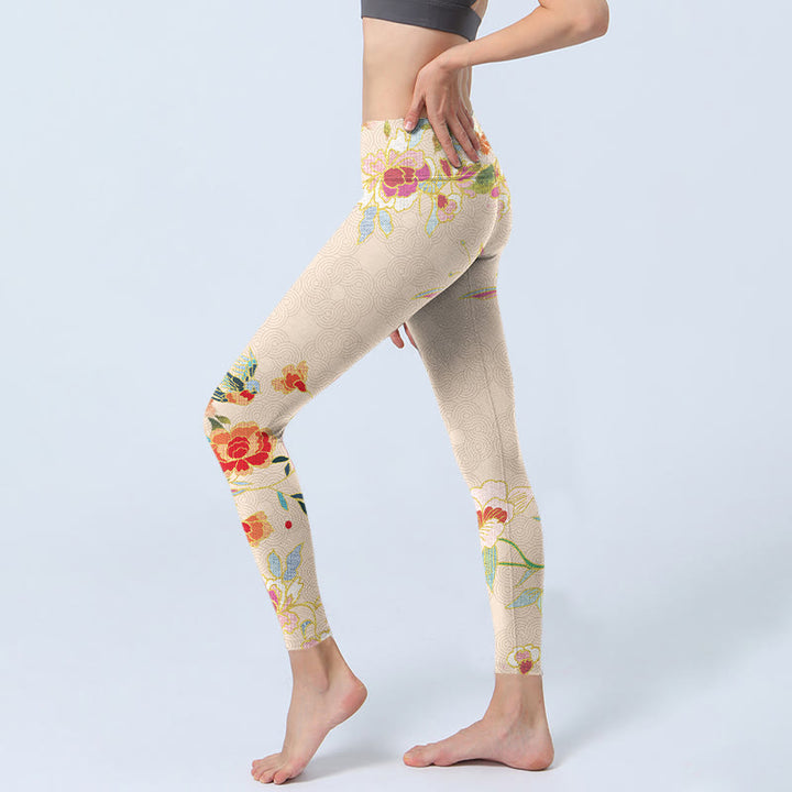 Buddha Stones Apricot Butterfly Peony Flowers Leaves Print Gym Leggings Women's Yoga Pants - image 2