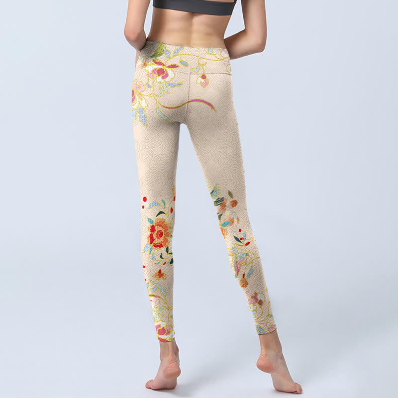 Buddha Stones Apricot Butterfly Peony Flowers Leaves Print Gym Leggings Women's Yoga Pants - image 6
