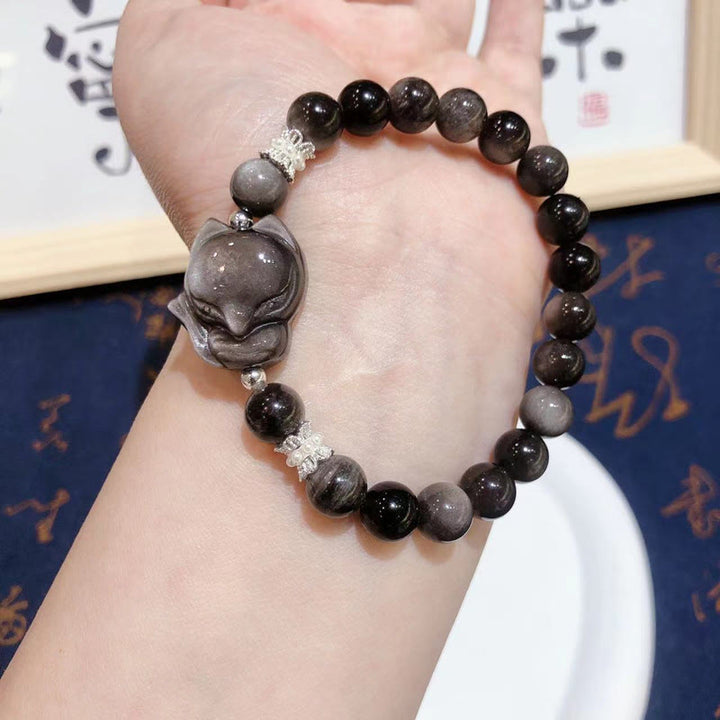 Buddha Stones Natural Silver Sheen Obsidian Nine Tailed Fox Communication Bracelet - Silver Sheen Obsidian Fox(Wrist Circumference 14-16cm) - image 0