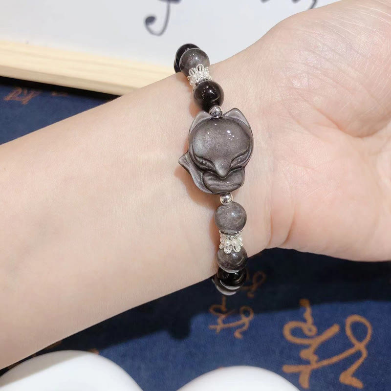 Buddha Stones Natural Silver Sheen Obsidian Nine Tailed Fox Communication Bracelet - image 1