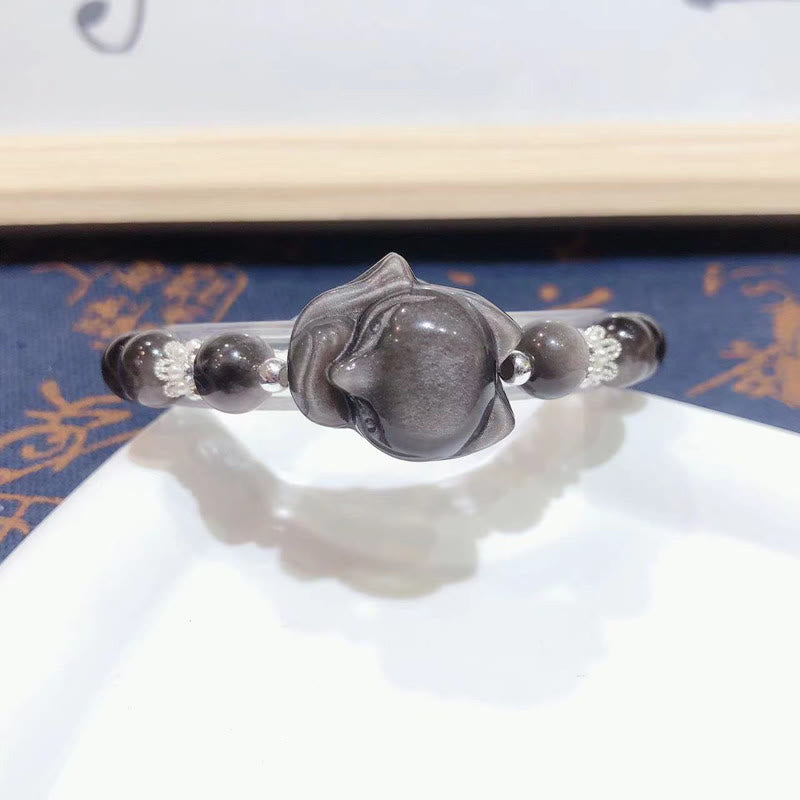 Buddha Stones Natural Silver Sheen Obsidian Nine Tailed Fox Communication Bracelet - image 3