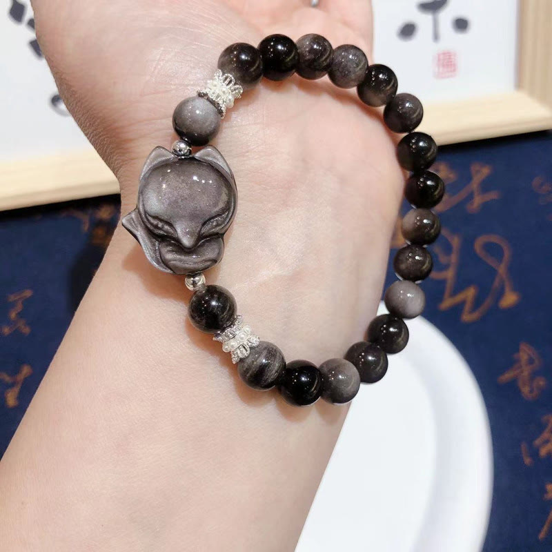 Buddha Stones Natural Silver Sheen Obsidian Nine Tailed Fox Communication Bracelet - image 4