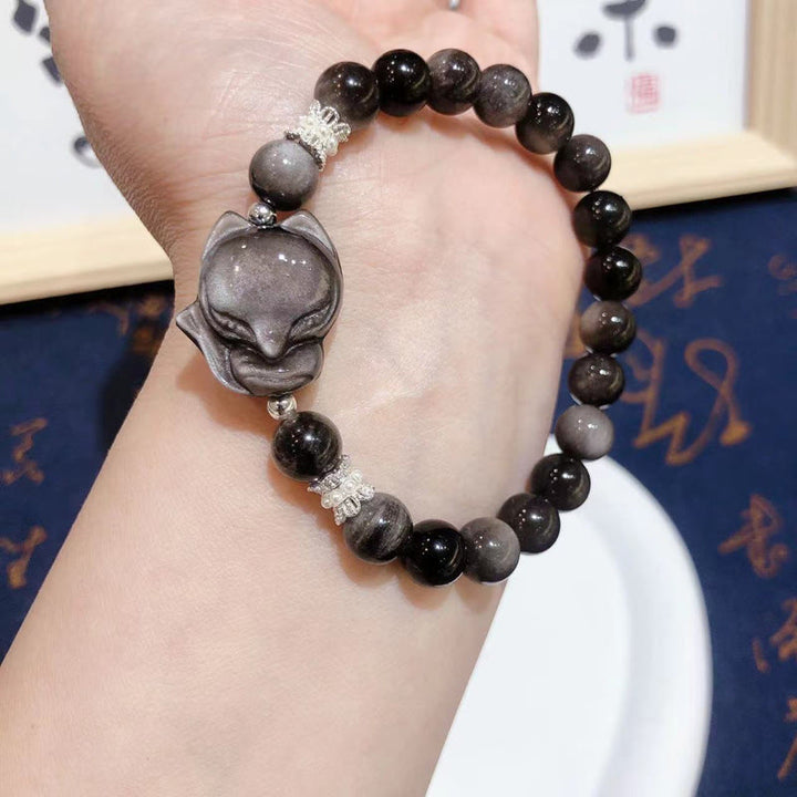 Buddha Stones Natural Silver Sheen Obsidian Nine Tailed Fox Communication Bracelet - image 4