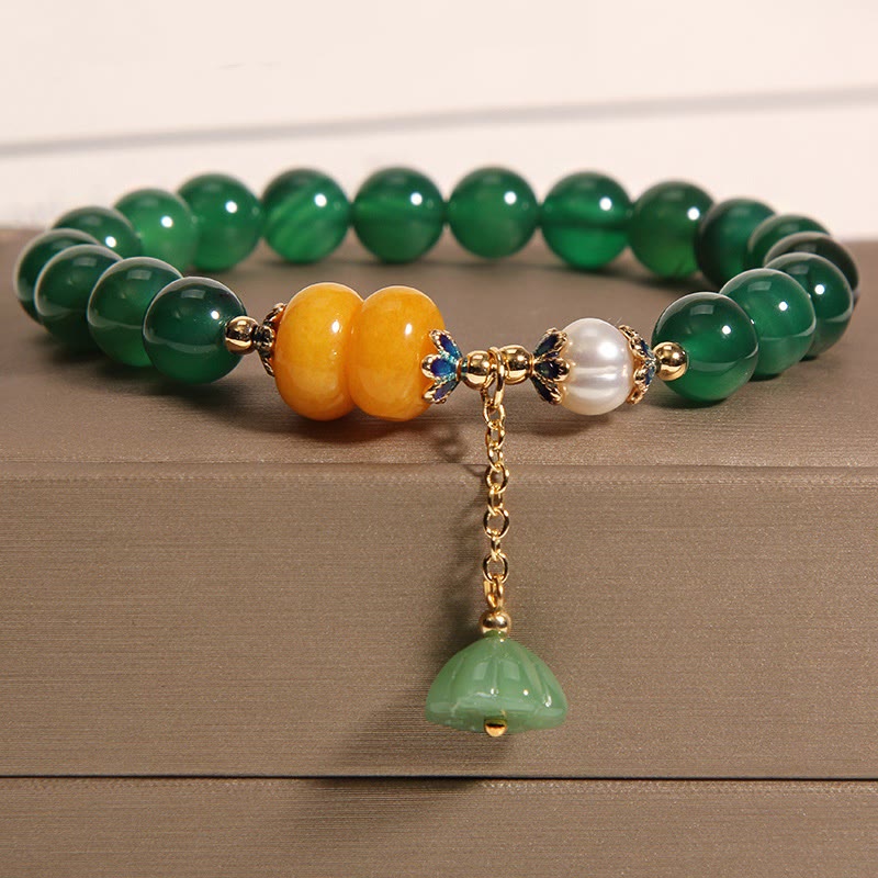 Buddha Stones Green Agate Amber Pearl Lotus Pod Support Bracelet - Green Agate(Wrist Circumference 14-17cm) - image 0