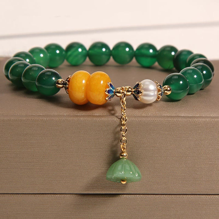 Buddha Stones Green Agate Amber Pearl Lotus Pod Support Bracelet - Green Agate(Wrist Circumference 14-17cm) - image 0