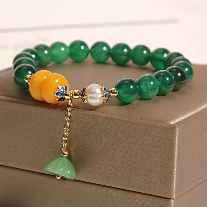 Buddha Stones Green Agate Amber Pearl Lotus Pod Support Bracelet - image 2