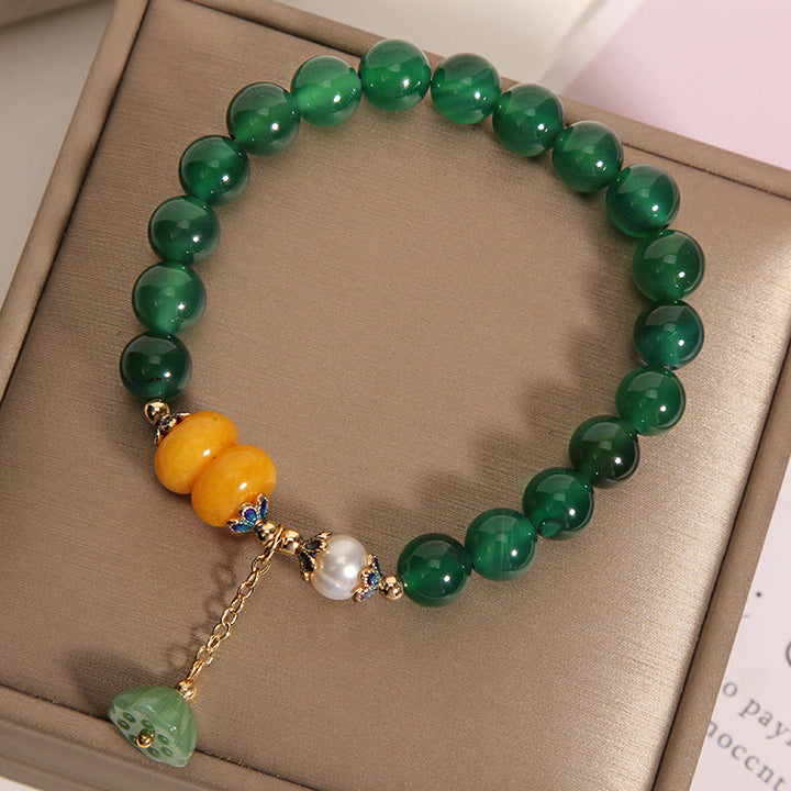 Buddha Stones Green Agate Amber Pearl Lotus Pod Support Bracelet - image 1