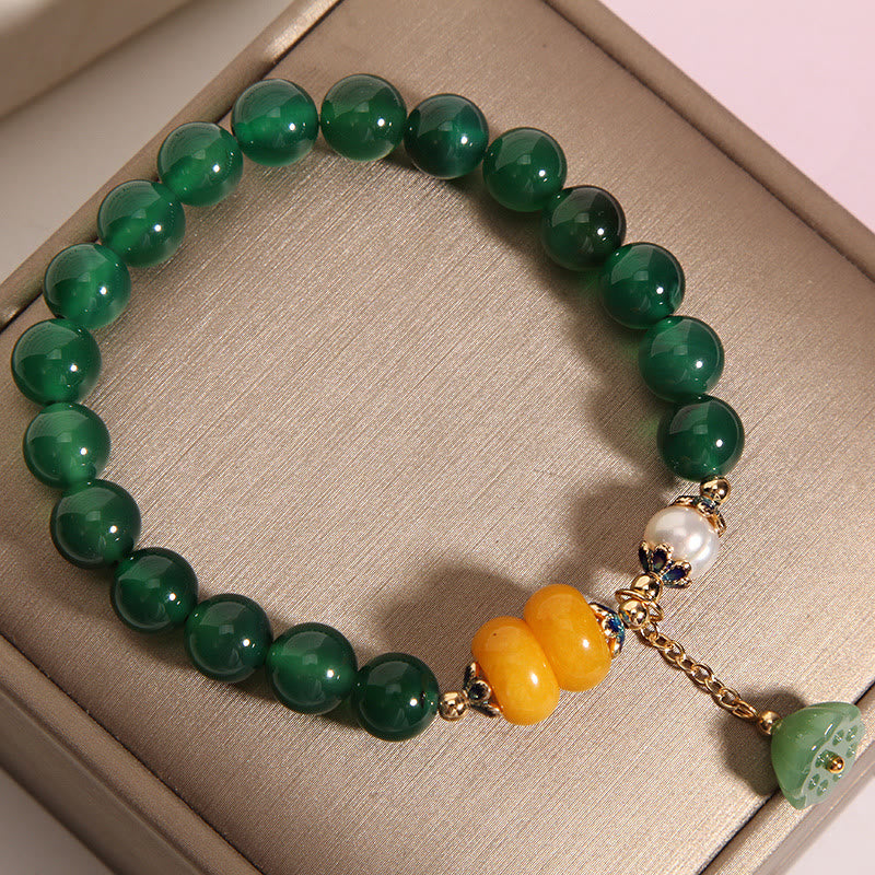 Buddha Stones Green Agate Amber Pearl Lotus Pod Support Bracelet - image 3
