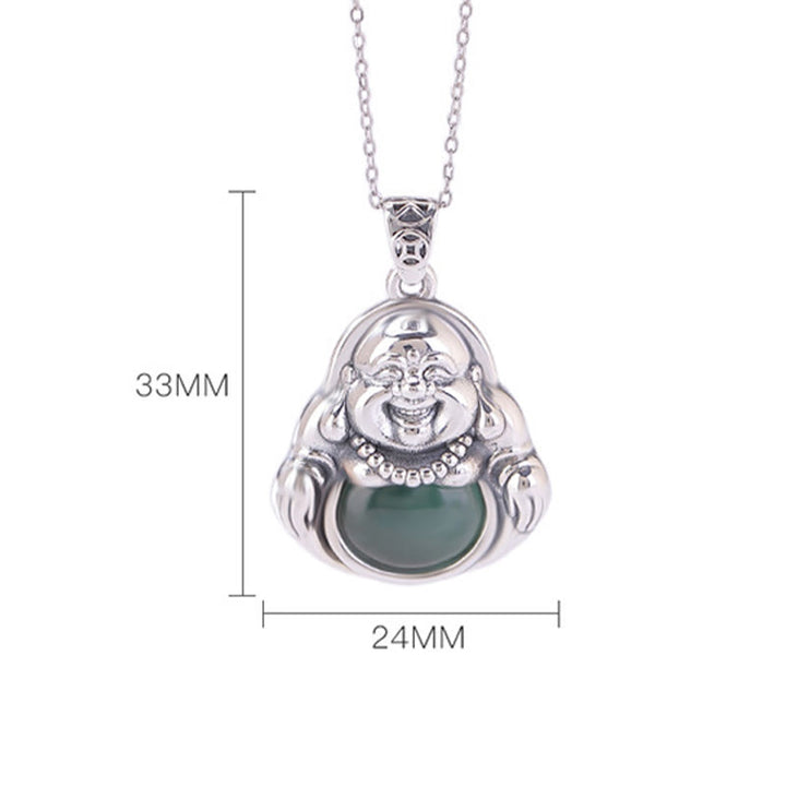 Buddha Stones 999 Sterling Silver Laughing Buddha Cyan Jade Lotus Success Necklace Chain Pendant - image 5