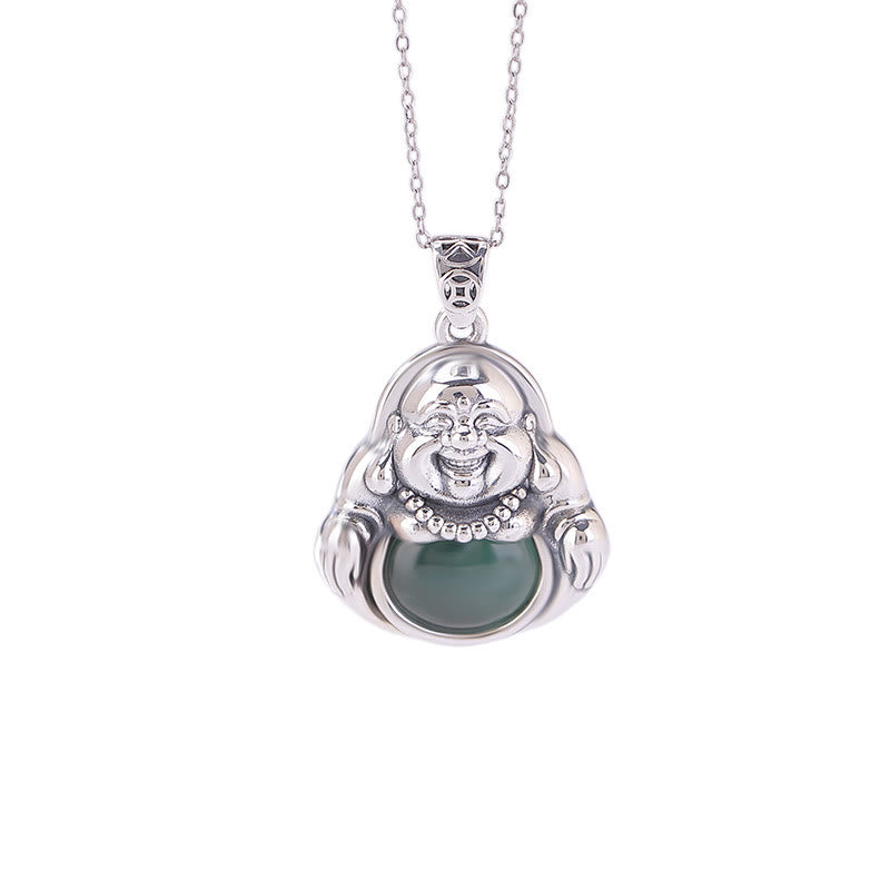 Buddha Stones 999 Sterling Silver Laughing Buddha Cyan Jade Lotus Success Necklace Chain Pendant - image 6