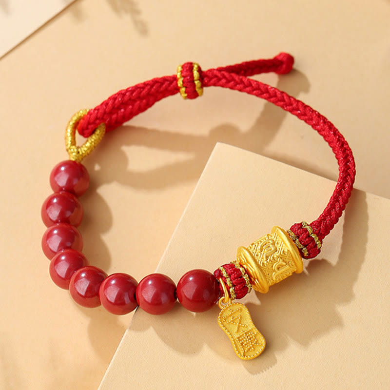 Buddha Stones 999 Sterling Silver Six True Words Om Mani Padme Hum Cinnabar Blessing String Bracelet - image 1