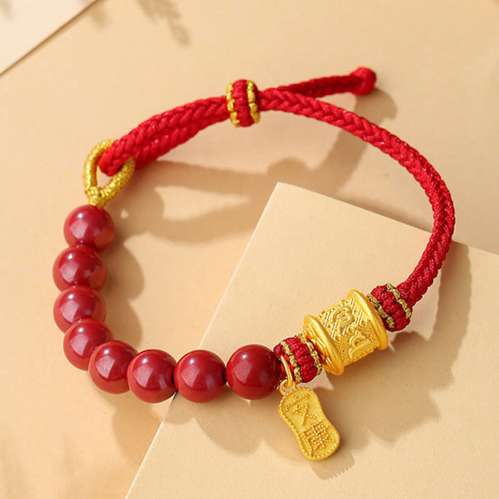 Buddha Stones 999 Sterling Silver Six True Words Om Mani Padme Hum Cinnabar Blessing String Bracelet - image 1