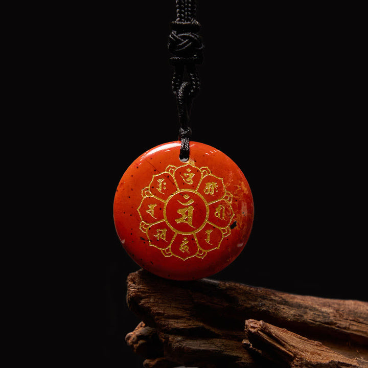 Buddha Stones Om Mani Padme Hum Natural Various Crystal Black Obsidian Strength Necklace Pendant - Red Stone - image 18