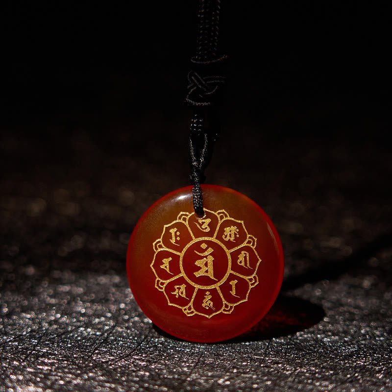 Buddha Stones Om Mani Padme Hum Natural Various Crystal Black Obsidian Strength Necklace Pendant - Red Agate - image 23