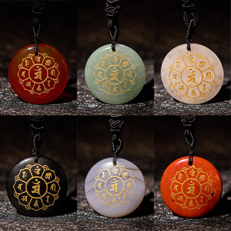 Buddha Stones Om Mani Padme Hum Natural Various Crystal Black Obsidian Strength Necklace Pendant - image 1