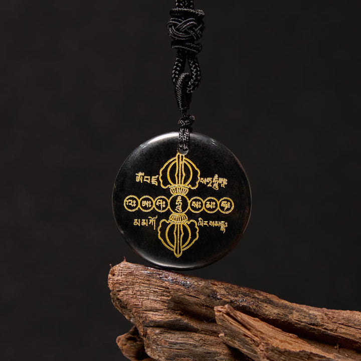 Buddha Stones Vajra Dorje Sanskrit Pattern Natural Various Crystal Black Obsidian Fulfilment Necklace Pendant - Black Obsidian - image 0