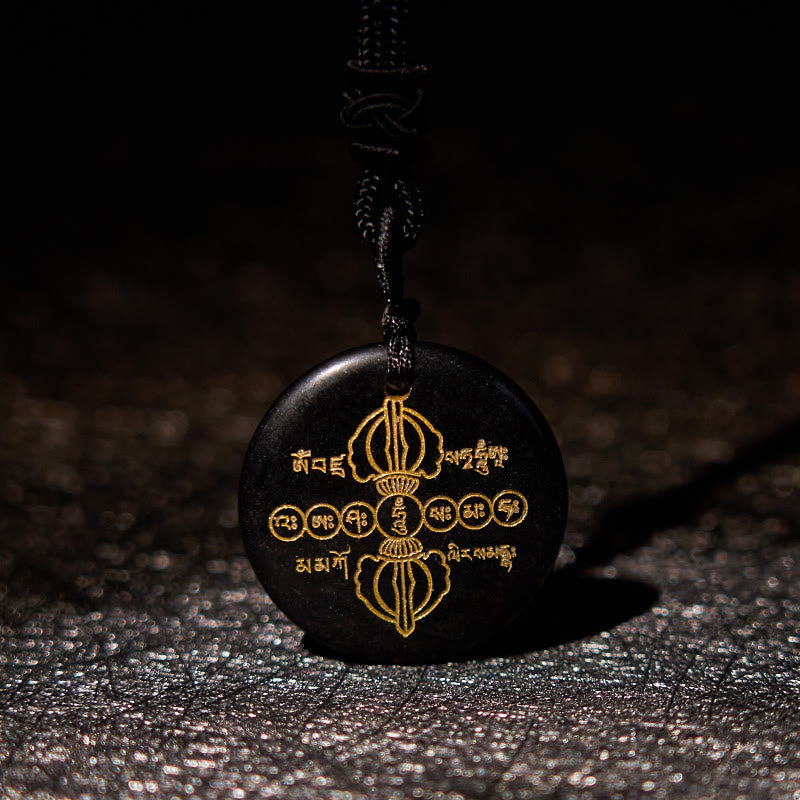 Buddha Stones Vajra Dorje Sanskrit Pattern Natural Various Crystal Black Obsidian Fulfilment Necklace Pendant - image 1