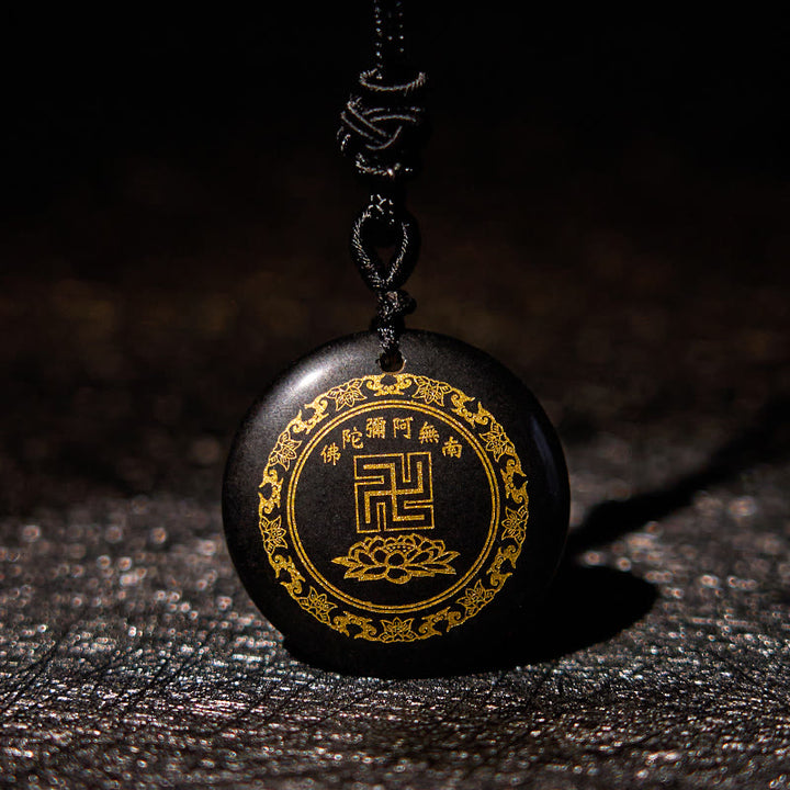 Buddha Stones Swastika Lotus Pattern Natural Various Crystal Black Obsidian Purification Necklace Pendant - Black Obsidian - image 0