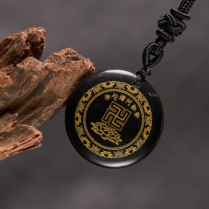 Buddha Stones Swastika Lotus Pattern Natural Various Crystal Black Obsidian Purification Necklace Pendant - image 1