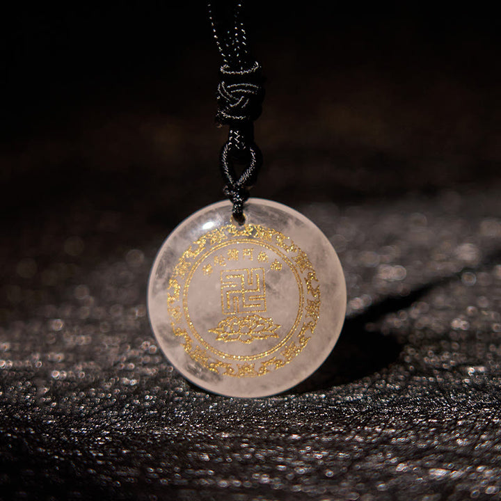 Buddha Stones Swastika Lotus Pattern Natural Various Crystal Black Obsidian Purification Necklace Pendant - White Crystal - image 5