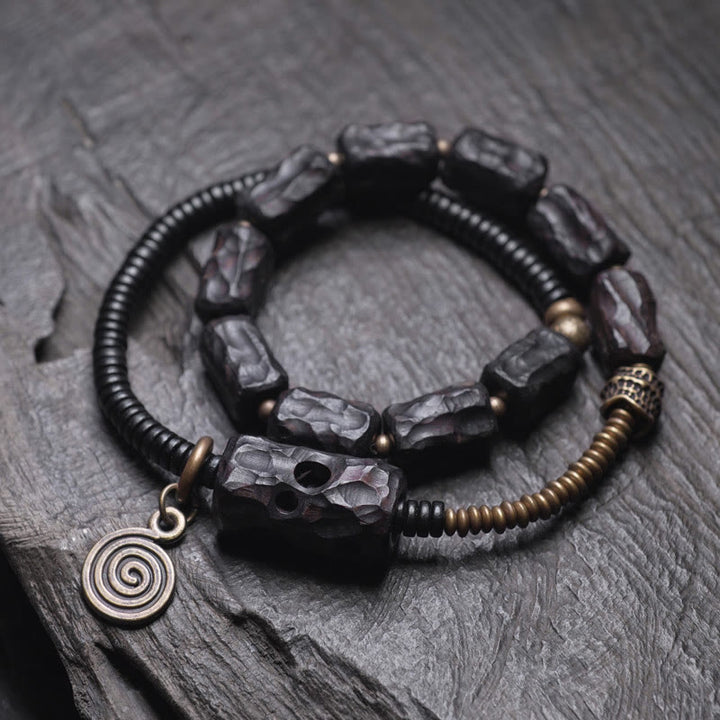 Buddha Stones Ebony Wood Copper Brass Red Agate Peace Double Wrap Bracelet - Ebony Wood Brass Alloy - 17-17.5cm - image 0