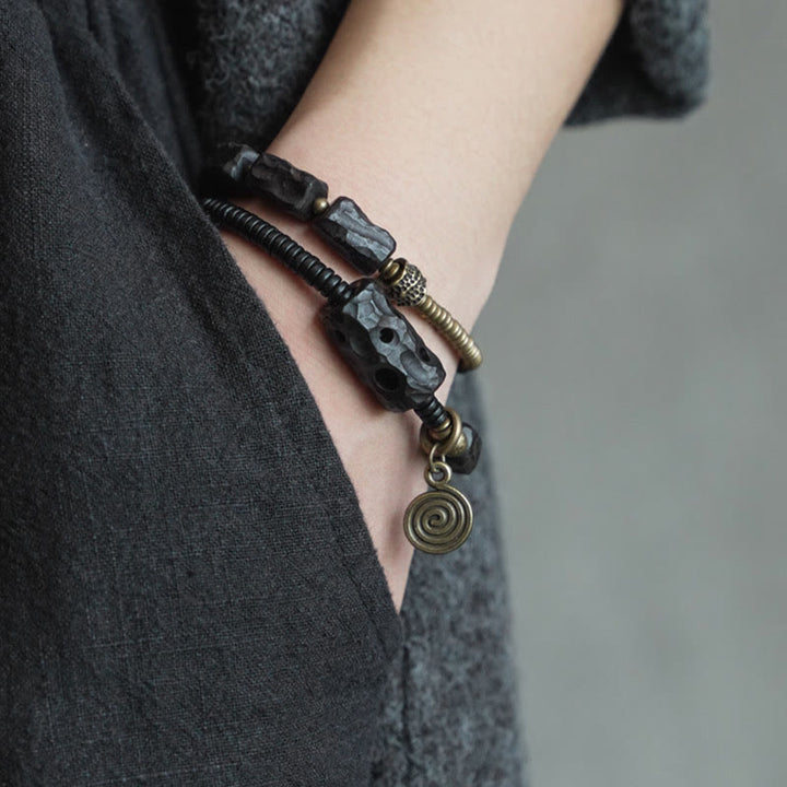 Buddha Stones Ebony Wood Copper Brass Red Agate Peace Double Wrap Bracelet - image 8