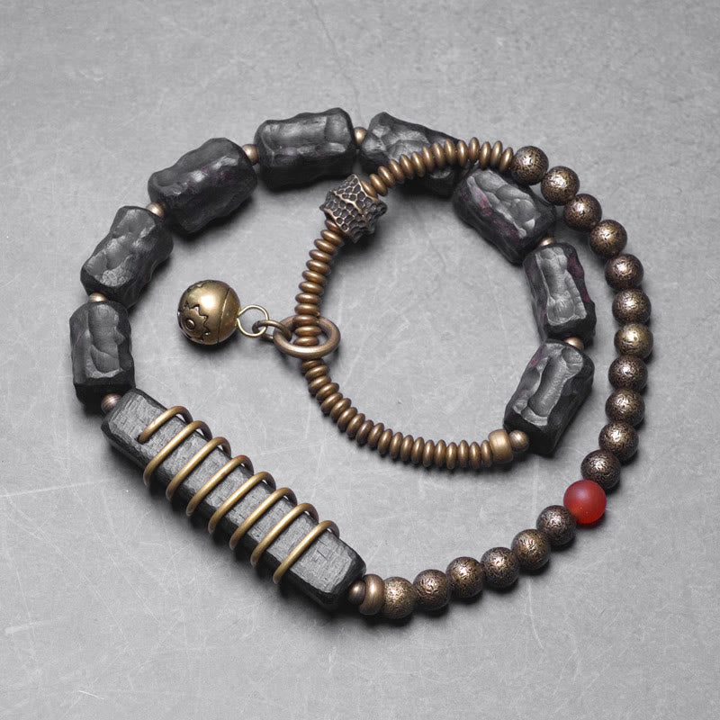 Buddha Stones Ebony Wood Copper Brass Red Agate Peace Double Wrap Bracelet - Ebony Wood Brass Red Agate - 17-17.5cm - image 11