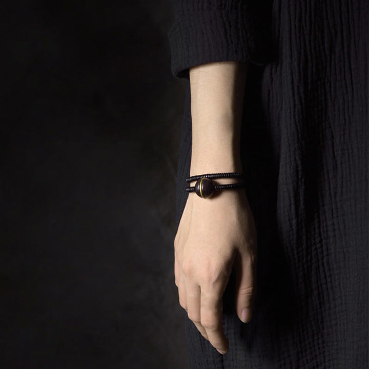 Buddha Stones Ebony Wood Copper Brass Balance Ball Cuboid Double Wrap Bracelet Necklace - image 4