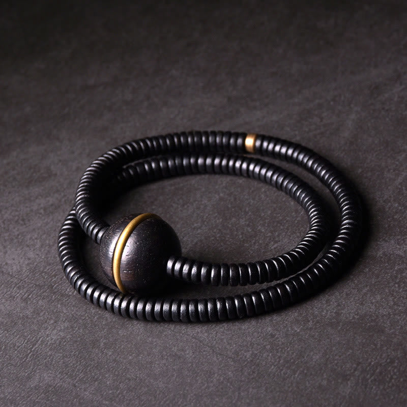Buddha Stones Ebony Wood Copper Brass Balance Ball Cuboid Double Wrap Bracelet Necklace - Ebony Wood Brass Ball - 17-17.5cm - image 0
