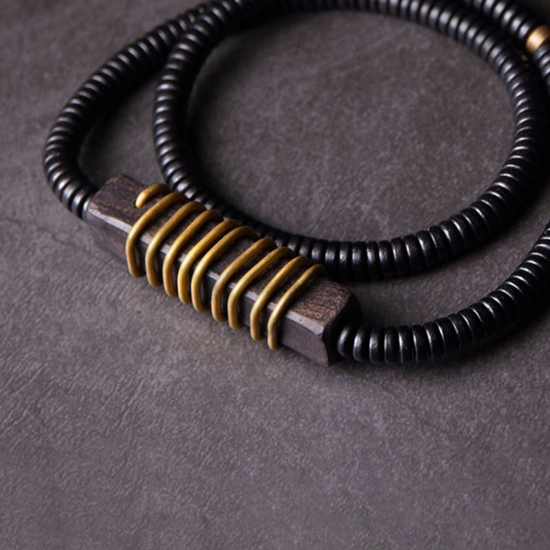Buddha Stones Ebony Wood Copper Brass Balance Ball Cuboid Double Wrap Bracelet Necklace - image 14