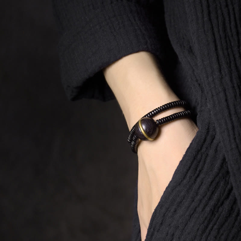 Buddha Stones Ebony Wood Copper Brass Balance Ball Cuboid Double Wrap Bracelet Necklace - image 9