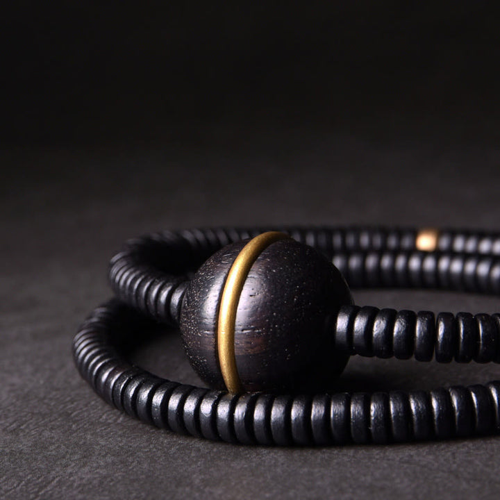 Buddha Stones Ebony Wood Copper Brass Balance Ball Cuboid Double Wrap Bracelet Necklace - image 2