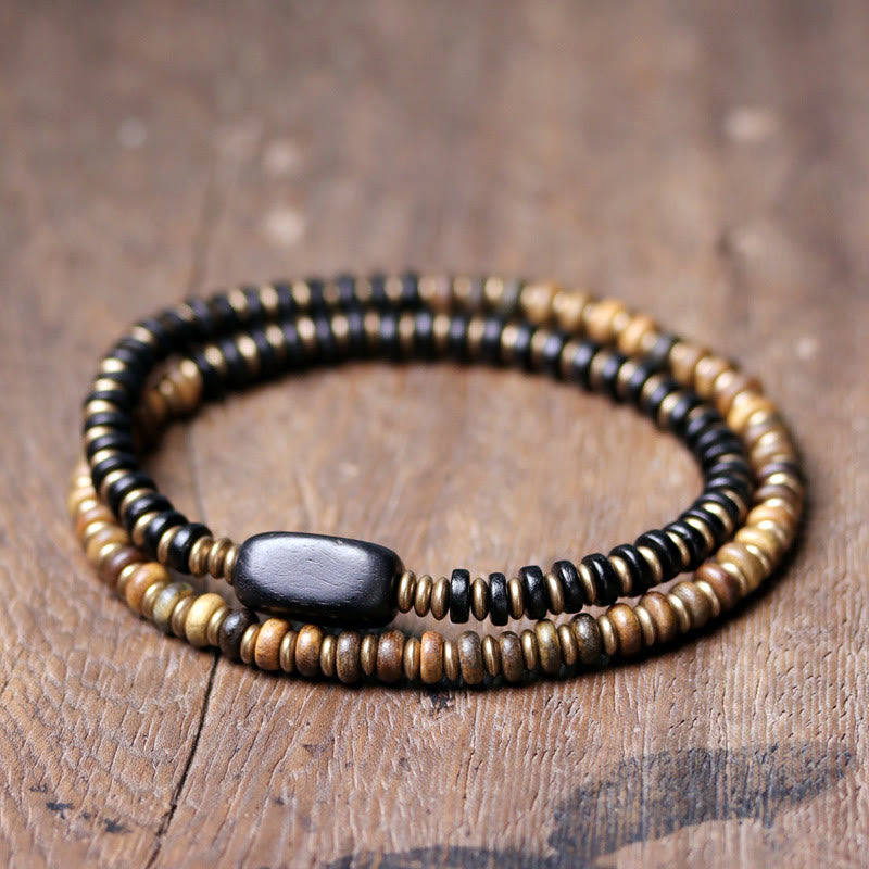 Buddha Stones Ebony Wood Green Sandalwood Copper Brass Calm Double Wrap Bracelet - Ebony Wood Green Sandalwood Brass - 17-17.5cm - image 10
