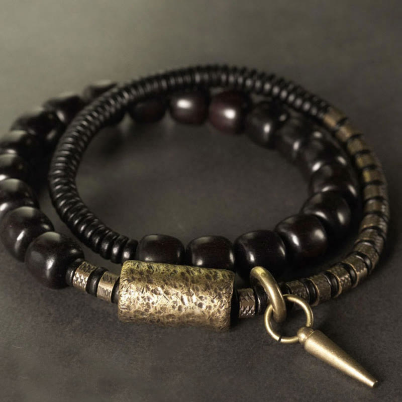 Buddha Stones Ebony Wood Copper Brass Vintage Bead Cone Double Wrap Balance Bracelet - image 2