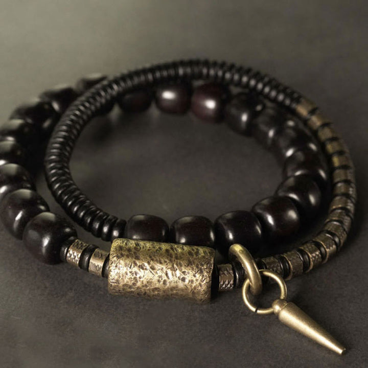 Buddha Stones Ebony Wood Copper Brass Vintage Bead Cone Double Wrap Balance Bracelet - image 2