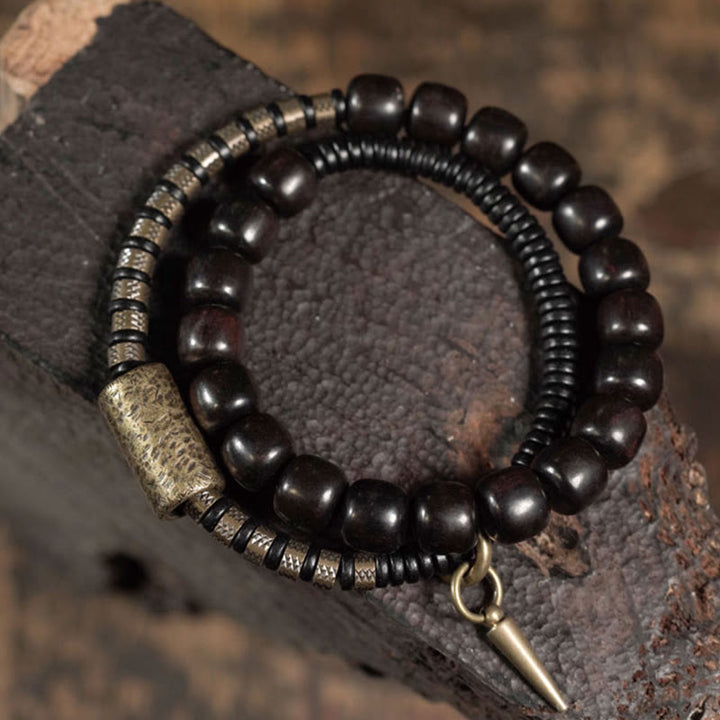 Buddha Stones Ebony Wood Copper Brass Vintage Bead Cone Double Wrap Balance Bracelet - Ebony Wood Brass(Wrist Circumference: 17-17.5cm) - image 0