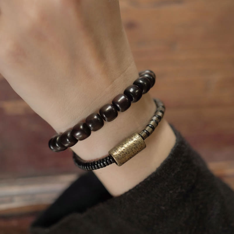 Buddha Stones Ebony Wood Copper Brass Vintage Bead Cone Double Wrap Balance Bracelet - image 4
