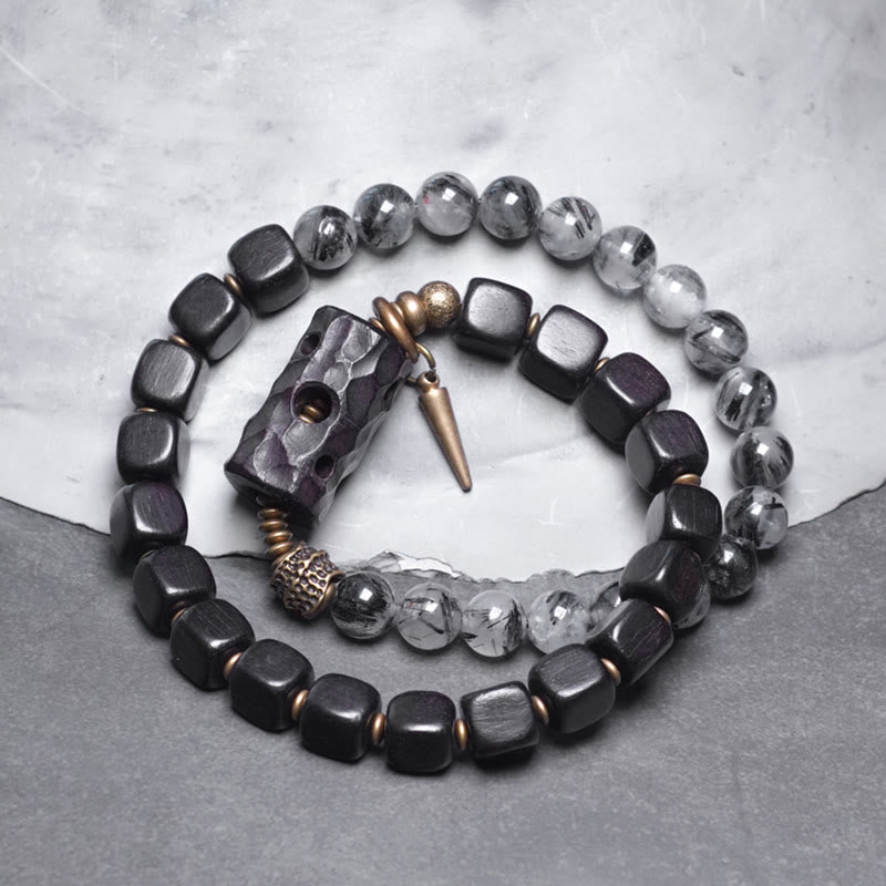 Buddha Stones Ebony Wood Black Rutilated Quartz Copper Brass Double Wrap Balance Bracelet - Ebony Wood Black Rutilated Quartz Brass(Wrist Circumference: 17-17.5cm) - image 0
