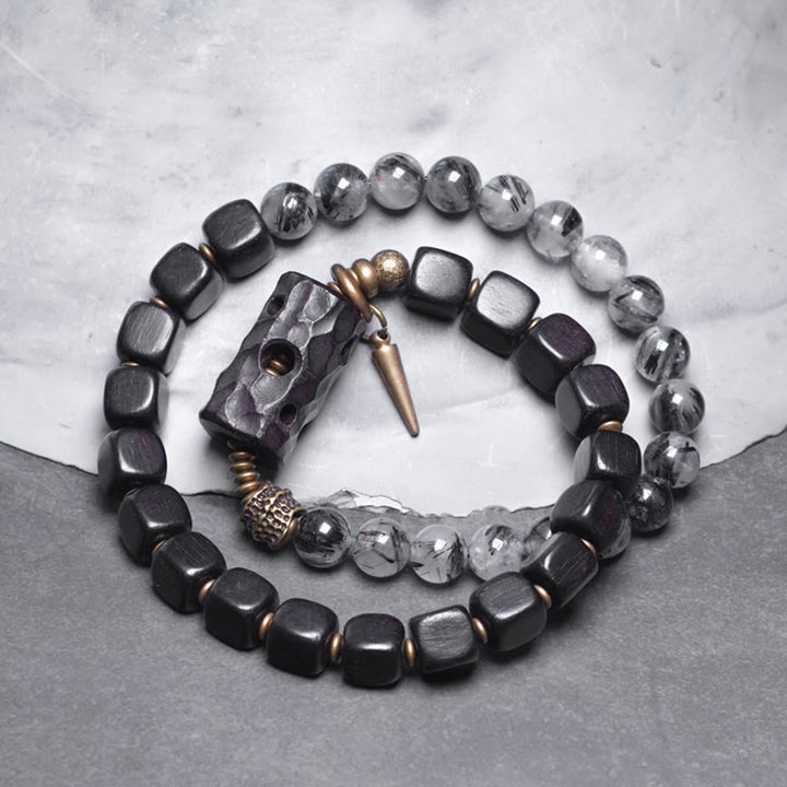 Buddha Stones Ebony Wood Black Rutilated Quartz Copper Brass Double Wrap Balance Bracelet - Ebony Wood Black Rutilated Quartz Brass(Wrist Circumference: 17-17.5cm) - image 0