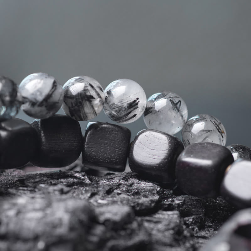 Buddha Stones Ebony Wood Black Rutilated Quartz Copper Brass Double Wrap Balance Bracelet - image 3