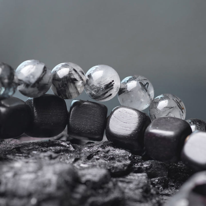 Buddha Stones Ebony Wood Black Rutilated Quartz Copper Brass Double Wrap Balance Bracelet - image 3