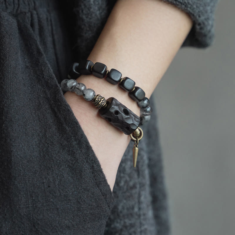 Buddha Stones Ebony Wood Black Rutilated Quartz Copper Brass Double Wrap Balance Bracelet - image 4