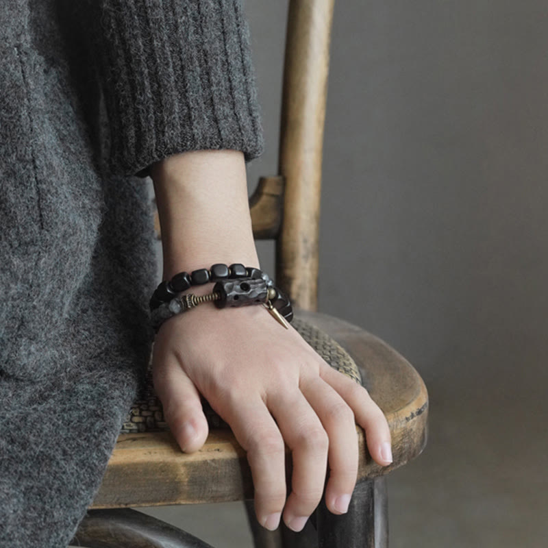 Buddha Stones Ebony Wood Black Rutilated Quartz Copper Brass Double Wrap Balance Bracelet - image 11